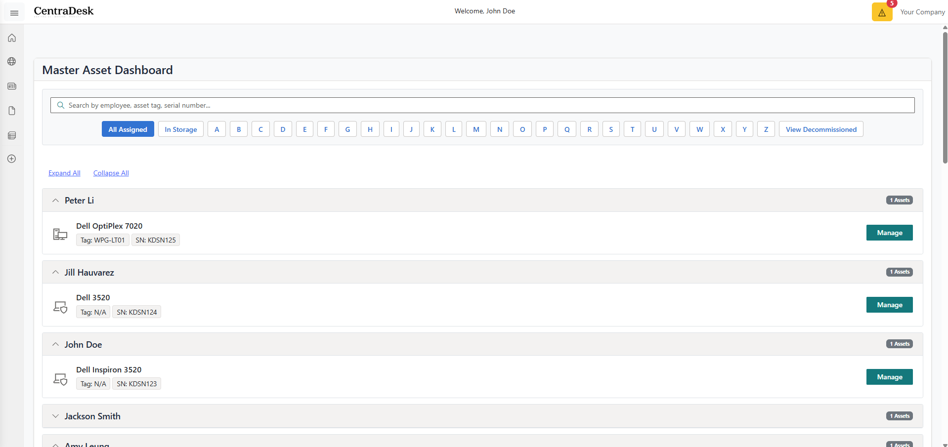 A screenshot of the CentraDesk dashboard